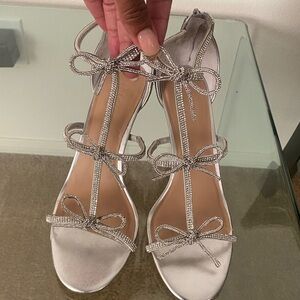 INC International Concepts Silver Rhinestone Bow T-Strap Heels